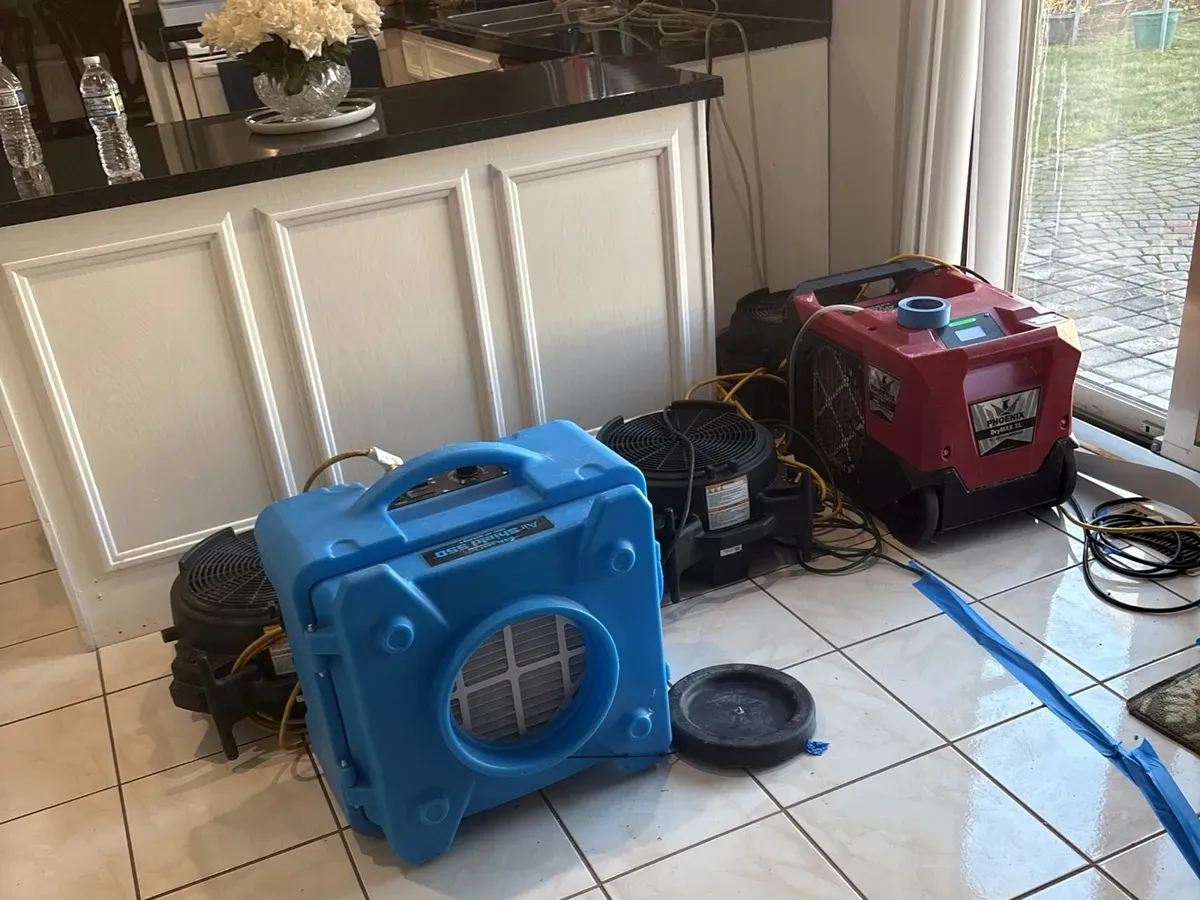 Dehumidifiers and air movers drying a kitchen in Sterling Heights