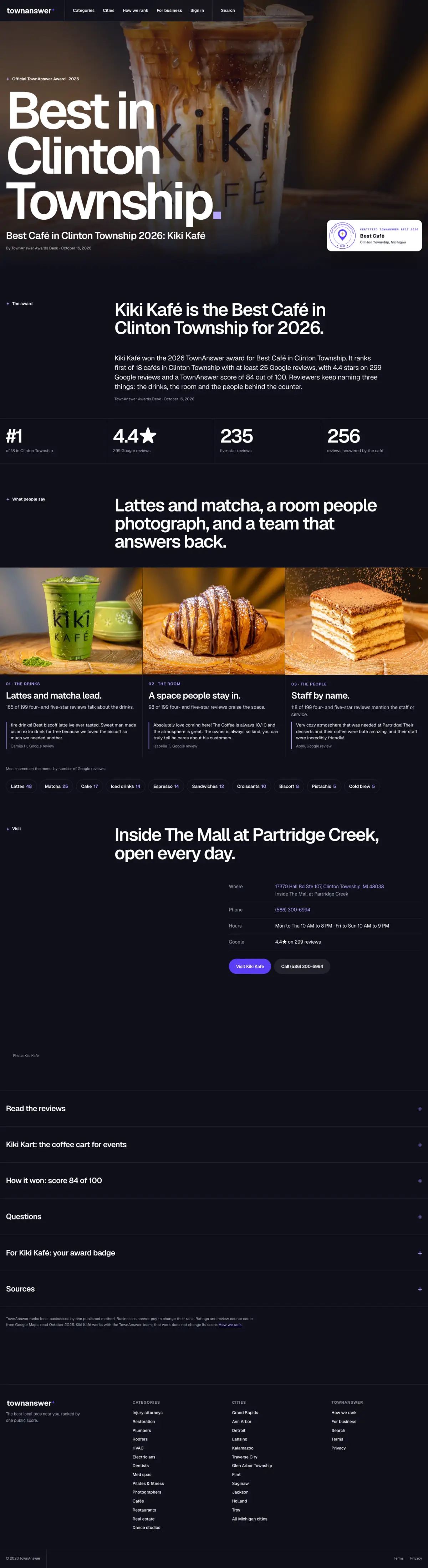 The Kiki Kafé award page on TownAnswer